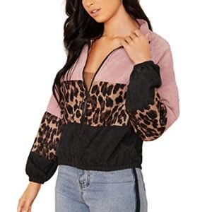 Color Block Leopard Collar Corduroy Jacket